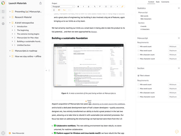 A meta-screenshot of the post being written at Manuscripts.io.