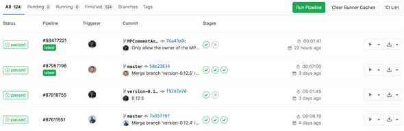 Automated test runs churning away. Similar pipelines are running for most layers of the highly modular system.